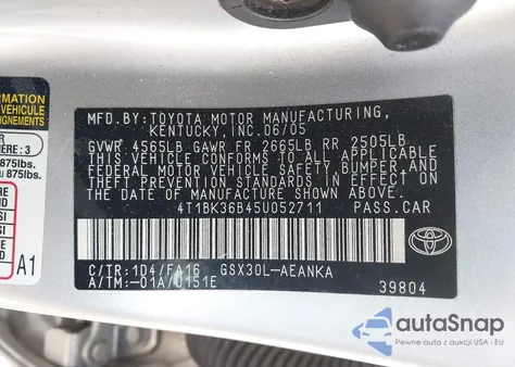 2005 Toyota Avalon Xl from USA, damaged, VIN 4T1BK36B45U052711